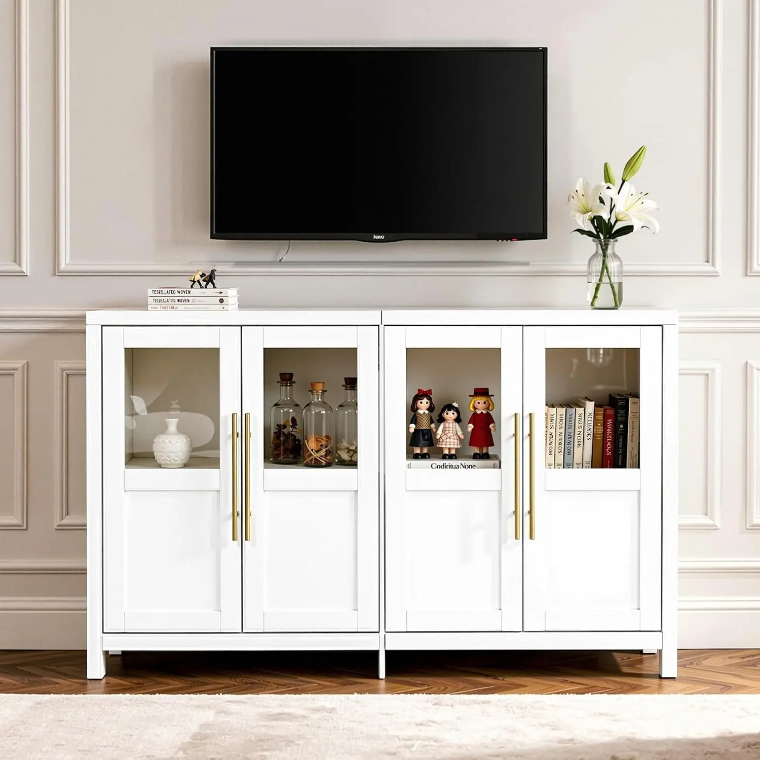 55" Sideboard Cabinet with Glass Doors, Large Buffet Cabinet with Storage and Shelves, Modern Accent Console Table, Customized