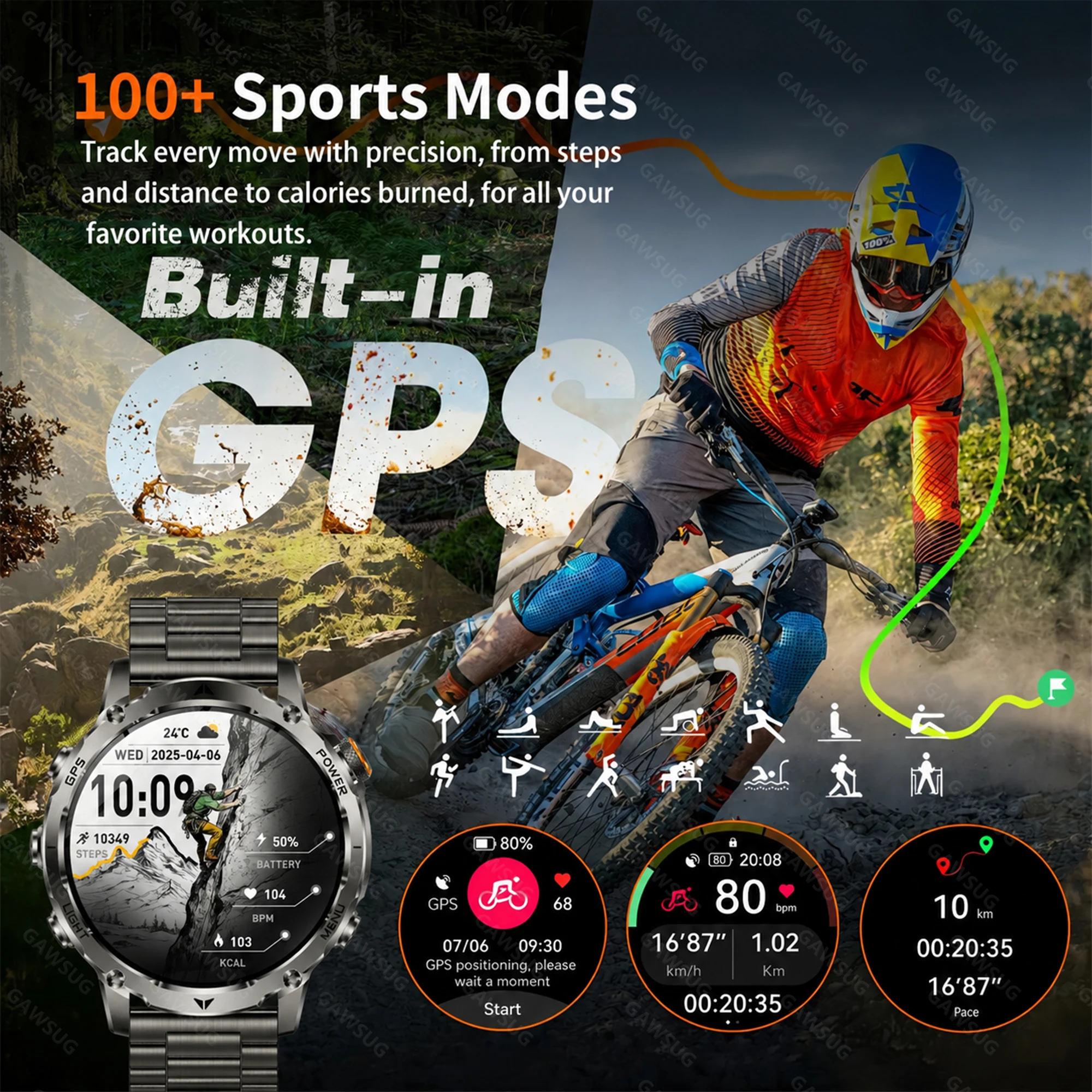 1100mAh Battery Rugged Smart Watch Men 6-Axis GPS 1.7