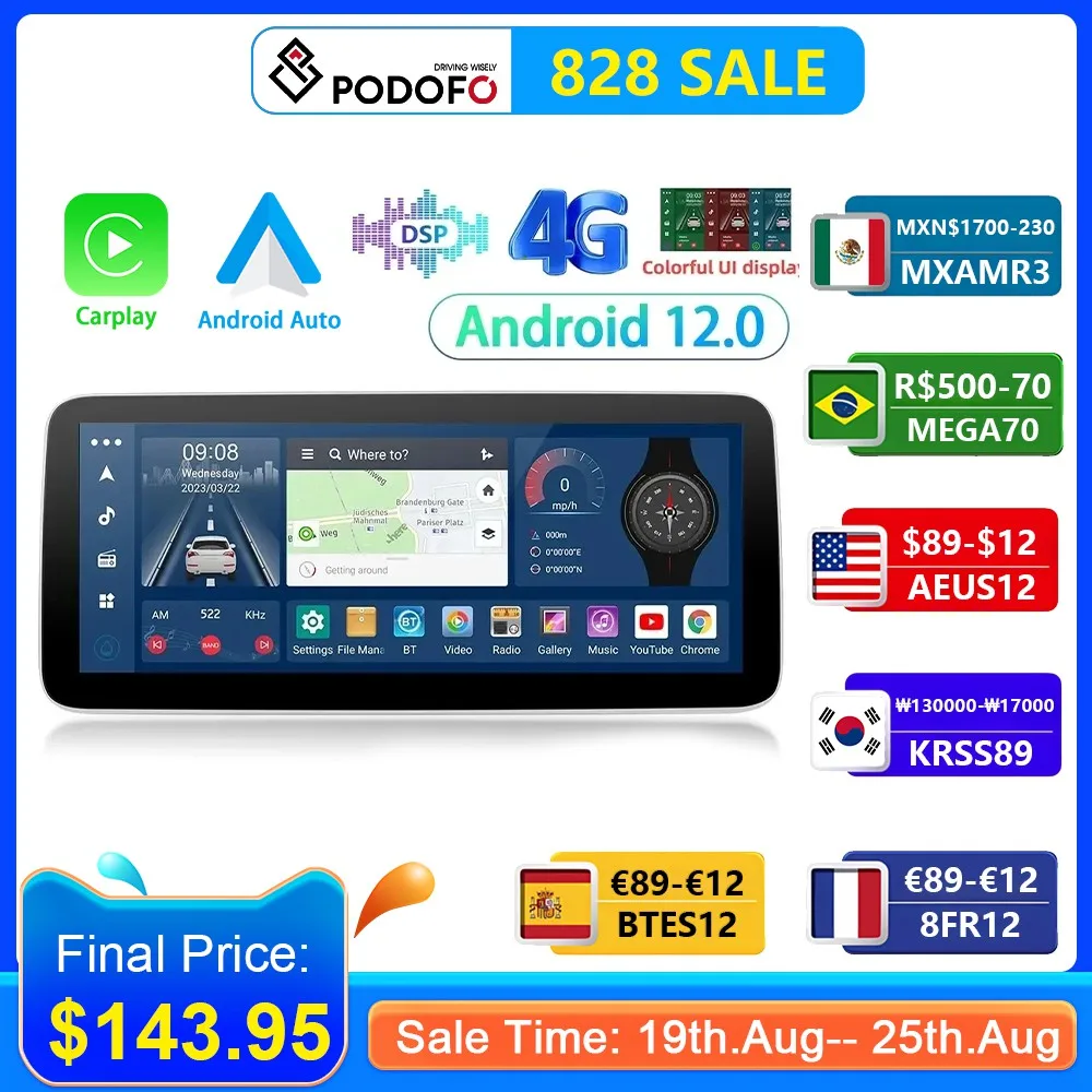 

Podofo 12.3inch 8Core Android 12 2+32G Car Radio Stereo Android all-in-one Wireless Carplay Android Auto 4G WIFI GPS Navigation
