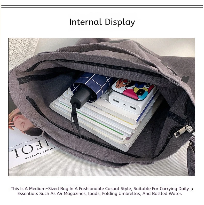 Große Canvas-Tasche mit Buchstaben-Aufdruck in Unifarben, Unisex-Modell mit Gleichem Canvas-Umhängeband, Große Kapazität Shopper-Tasche – Detail 8