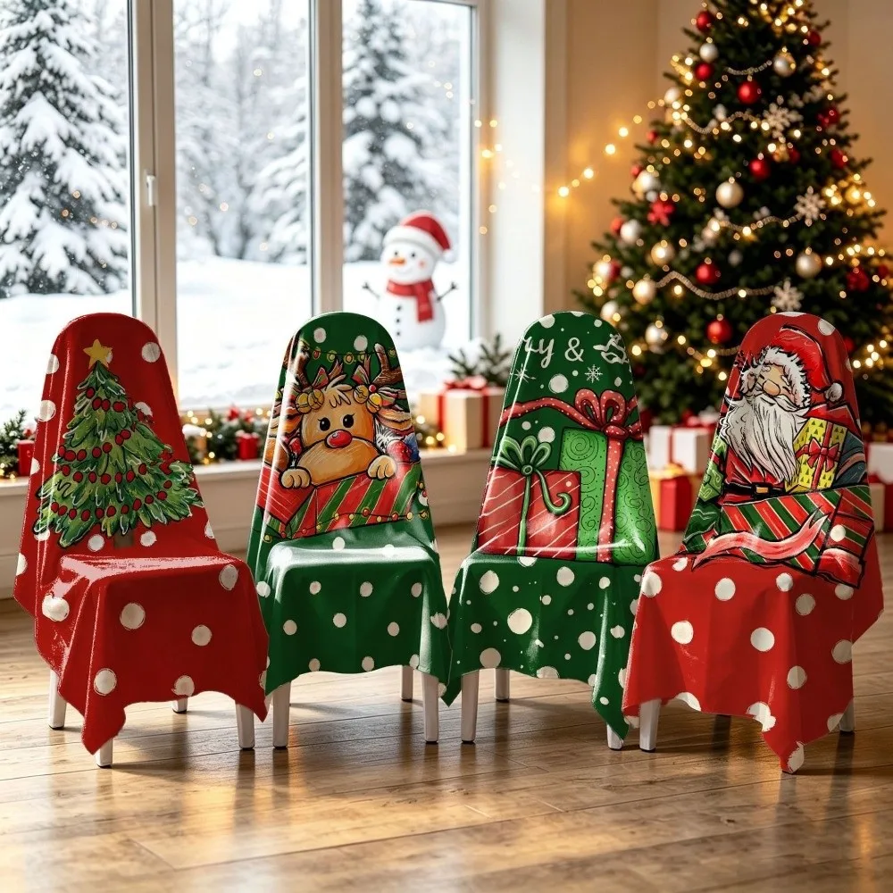 4 pcs Snowman Christmas Chair Cover Dwarf Dustproof Santa Chair Dust Cover 2D Print Chair Protective Sleeves
