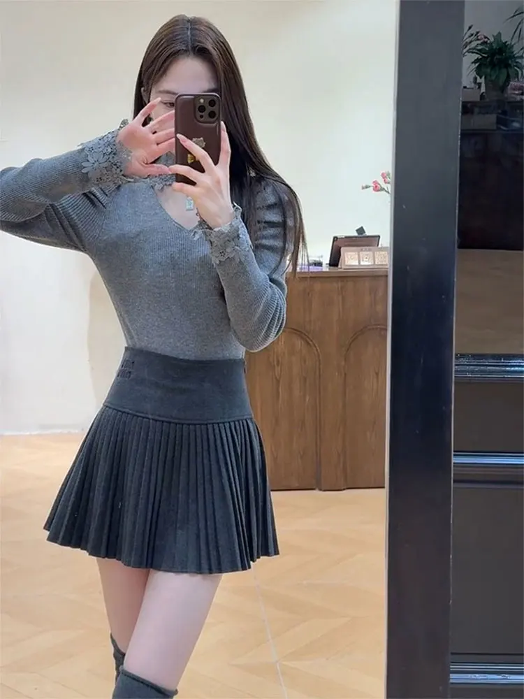 

Retro Korean Sle Lace V-Ne Knitwear Women's Slim Fit Base Layer irt Autumn Winter Lazy Sle Versatile Slimming Sweater