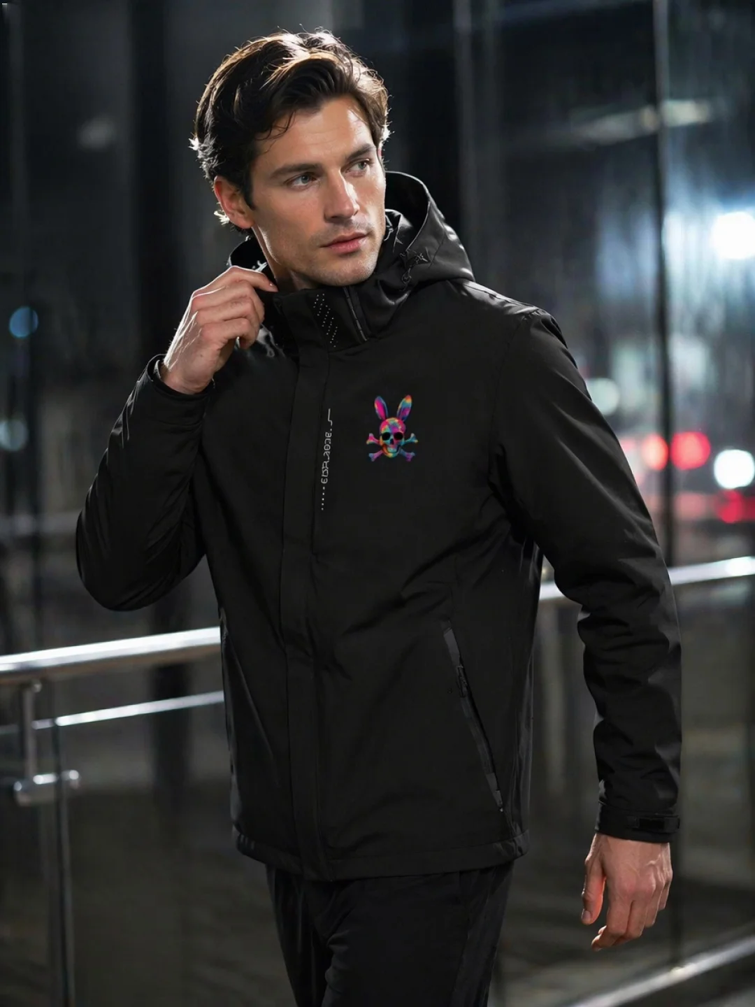 Colorful rabbit skull logo windproof jacket, outdoor casual men's multi-pocket coat, zipper front, detachable hood jacket