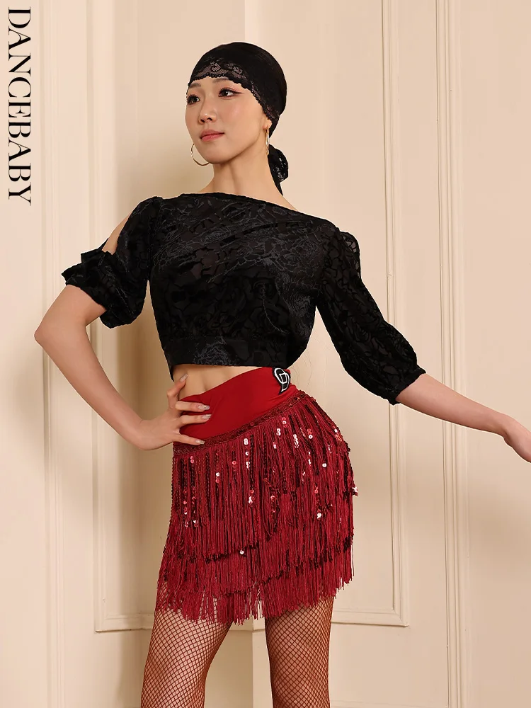 댄스베이비2025 신상 라틴댄스 표준댄스 의상 성인용 특수 상의 통기성 있는 등 부분 디자인 여름용 얇은