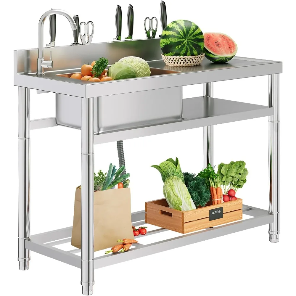 

Stainless Steel 47x20x37.5 Single Bowl Utility Sink with Right Worktop, Faucet, Storage Rack, and Knife Slot