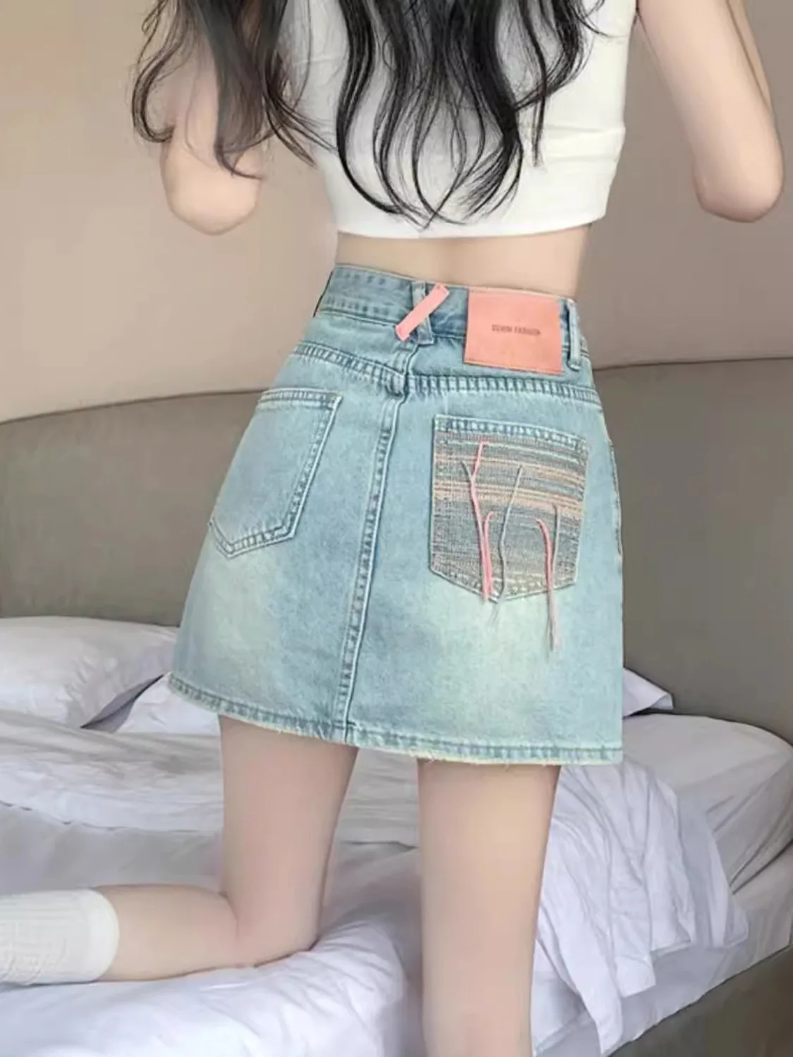 Women's Vintage Washed Denim Skort High Waist Contrast Pocket Skirt with Built-in Shorts Pink Webbing Detail Light Blue XS-3XL view 2