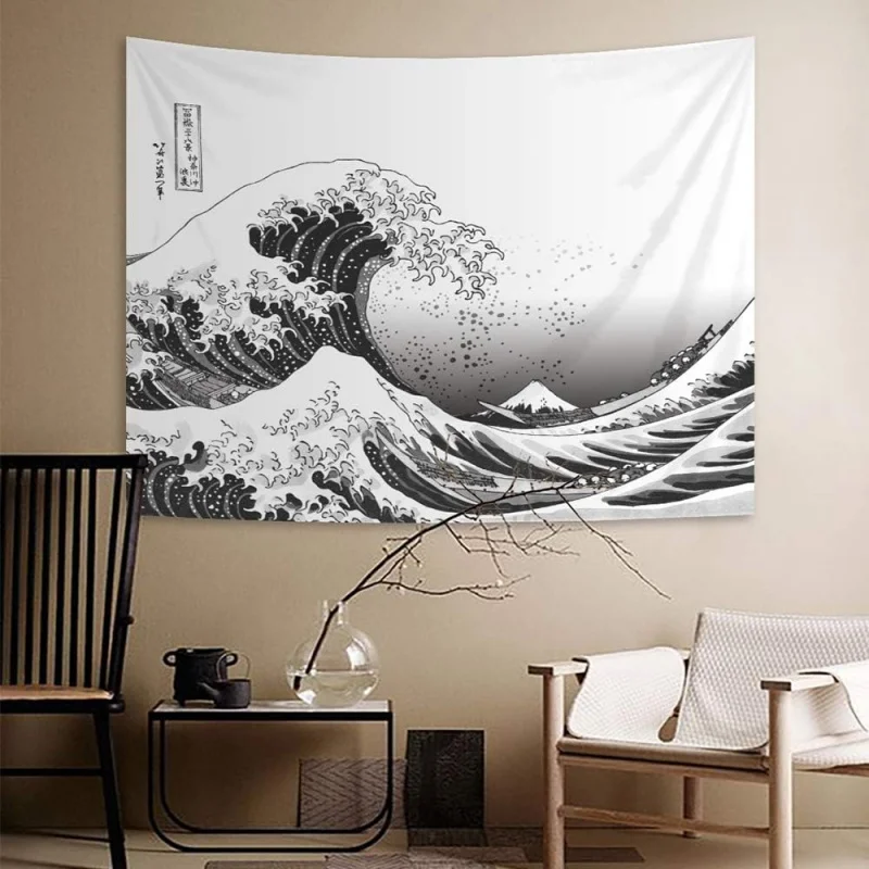 VIKAMA Schwarz-Weiß-Wandteppich „Die große Welle vor Kanagawa“, japanische Ukiyo-e-Kunst, Wandbehang für Wohnzimmer, Schlafzimmer, Arbeitszimmer, Dekoration
