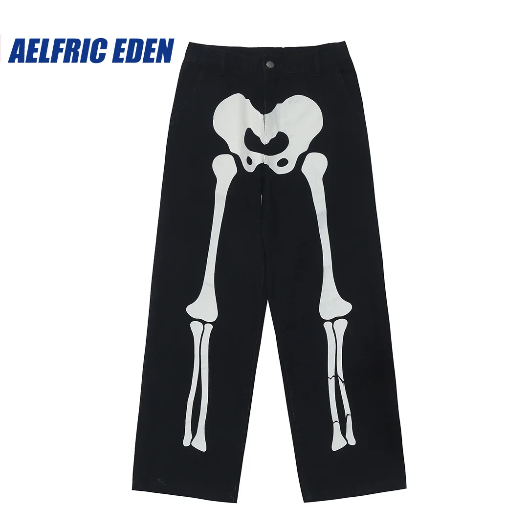 2023 Skull Print Zipper Casual Pant Streetwear Baggy Jeans Men Fashion Loose Straight Wide Leg Pants Male Brand Clothing Black