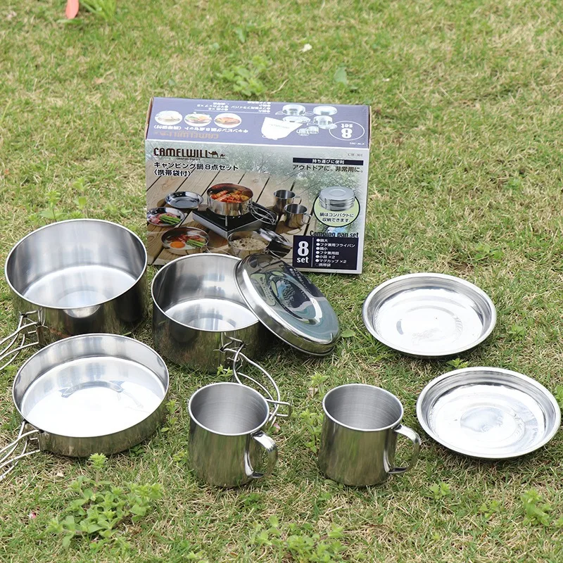 Outdoor Camping Stainless Steel Cookware Set, Foldable Cookware, Outdoor Picnic Plate, Bowl, Cup and Tableware Set, 8 Pcs