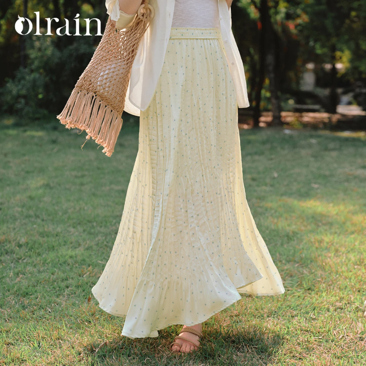 

OLrain Yellow Long Pleated Skirt for Woman 2025 Fashion Vacation Holiday Dot Print A-Line Summer Skirt Female Clothes O57XB99163