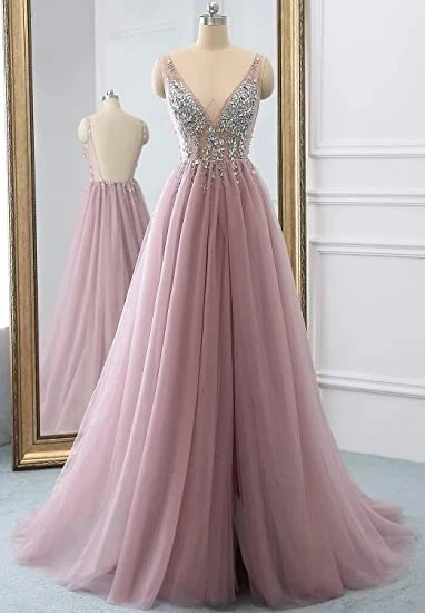 

ANGELSBRIDEP Backless Long Evening Party Gowns Sexy Side Split Sparkly Beading Floor-length Formal Birthday Prom Dresses HOT