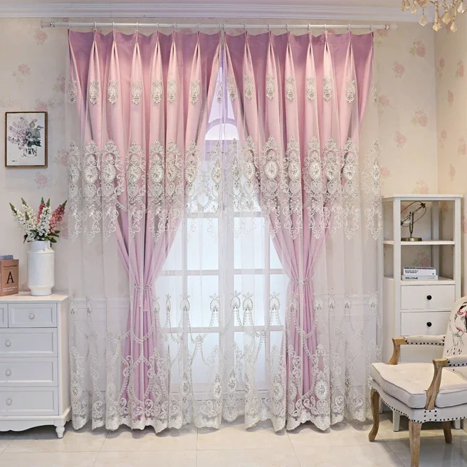 European Double-layer Cloth Tulle Integrated Living Room Bedroom Luxury Atmospheric Relief Embroidered Blackout Custom Curtains