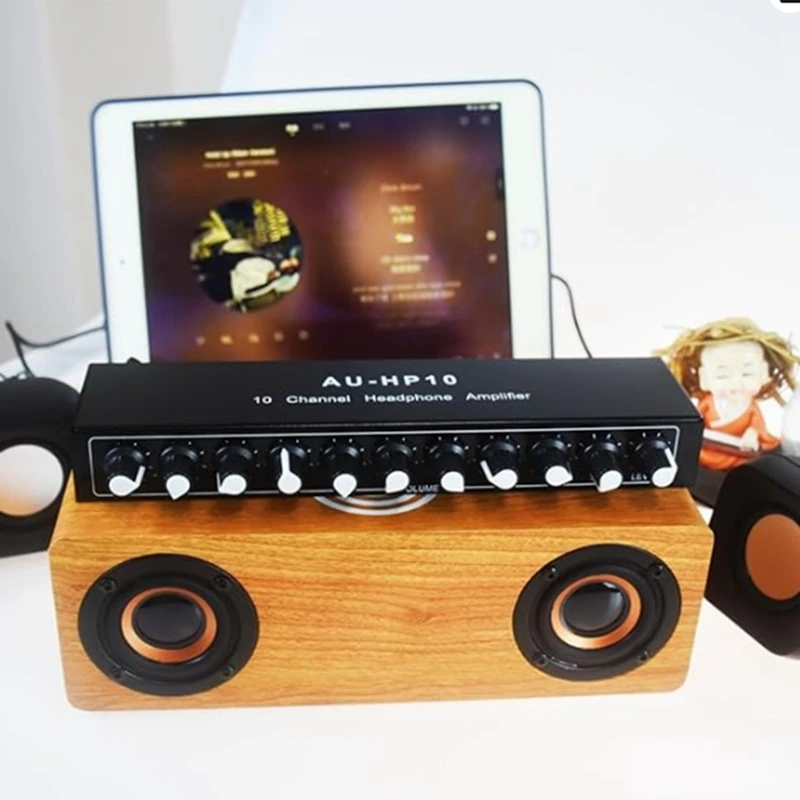AU-HP10 10 Channel Headphone Headset Amplifier Audio Splitter DC 12-24V 20Hz-20KHz 12DB 16-600ohm 3.5mm Jack US PLUG-ABFT