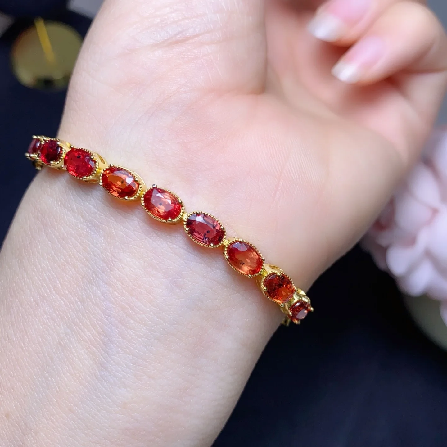 Natural Red Sapphire Tennis Bracelet 4\*5mm Oval Stone Gold Plated S925 Silver Women Luxury Wrist Jewelry