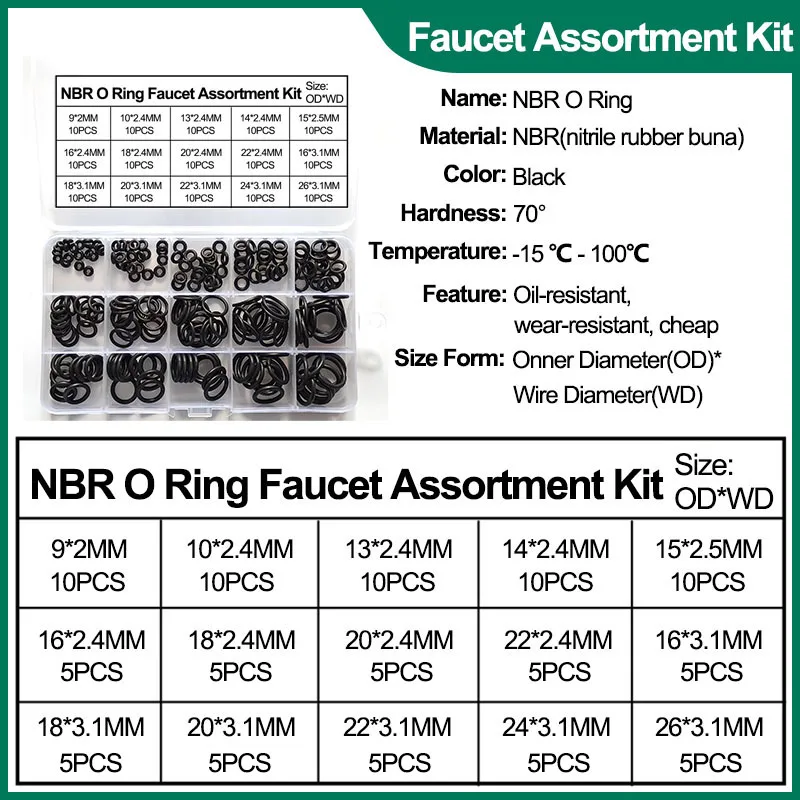 Universal NBR O Ring Junta Variedade Kit, arruelas de vedação de borracha nitrílica Conjunto para encanamento, reparo automotivo torneira