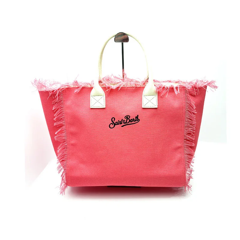 Bolsa rosa para mulheres, bolsa de ombro com zíper e borla, bolsa de lona de grande capacidade