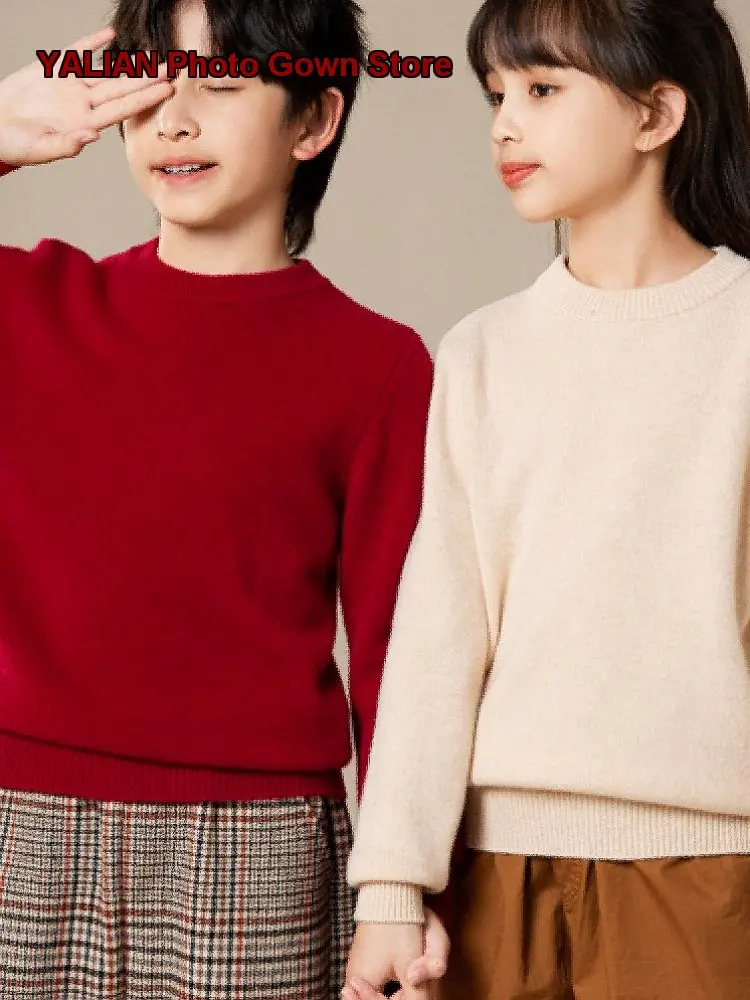 Girls Boys Pullover Sweater Kids Autumn Winter Cashmere Knit Round Neck Solid Color Thickened Infant