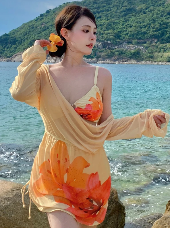 

Сексуальный женский купальник-бикини больших размеров (до 90 кг), комплект из трех предметов: с длинным рукавом, пляжная накидка, защита от солнца, для горячих источников