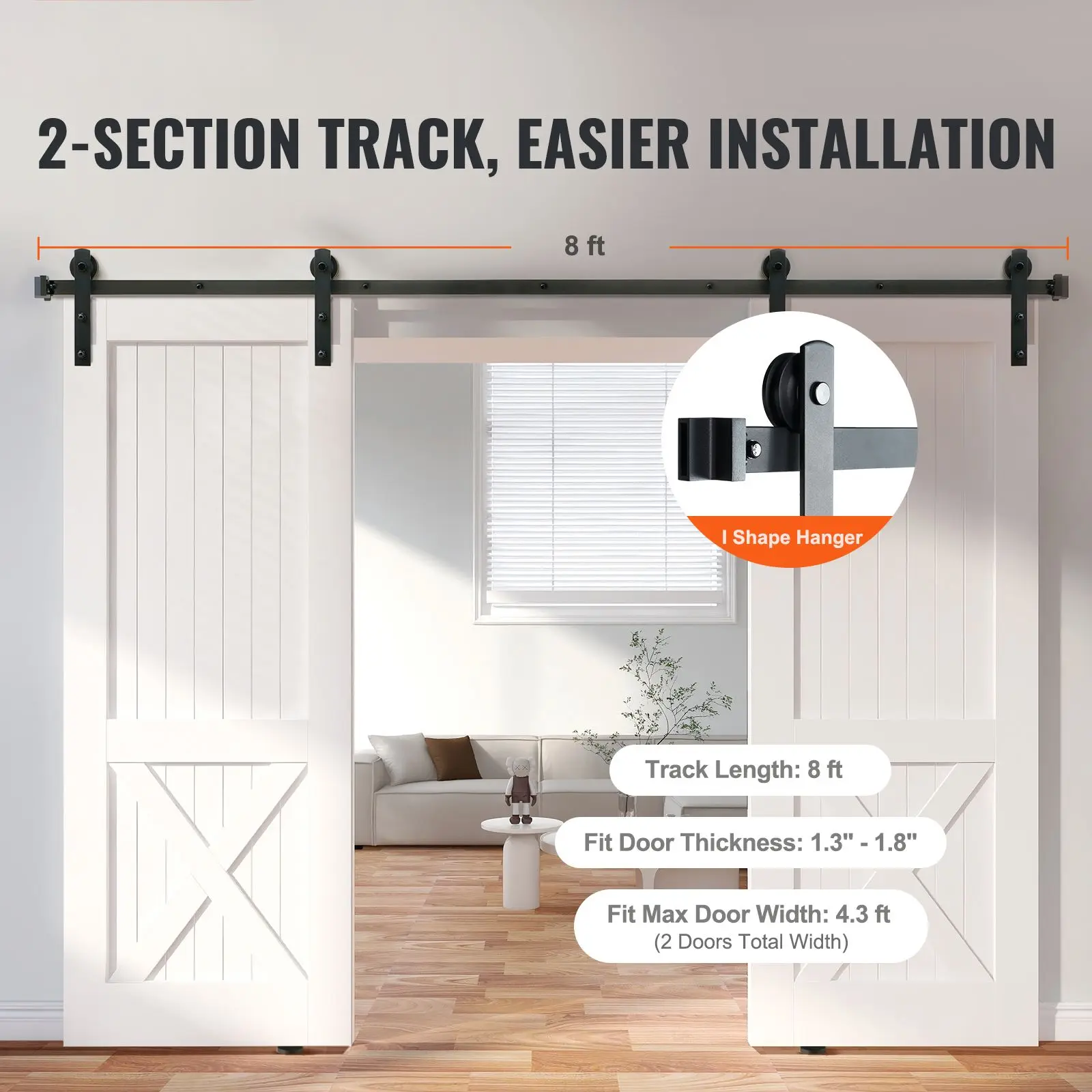 8FT Sliding Barn Door Hardware Kit, 330LBS Heavy Duty Barn Door Track Kit for Double Doors, Fit 3.7-4.3FT Total Wide and 1.3