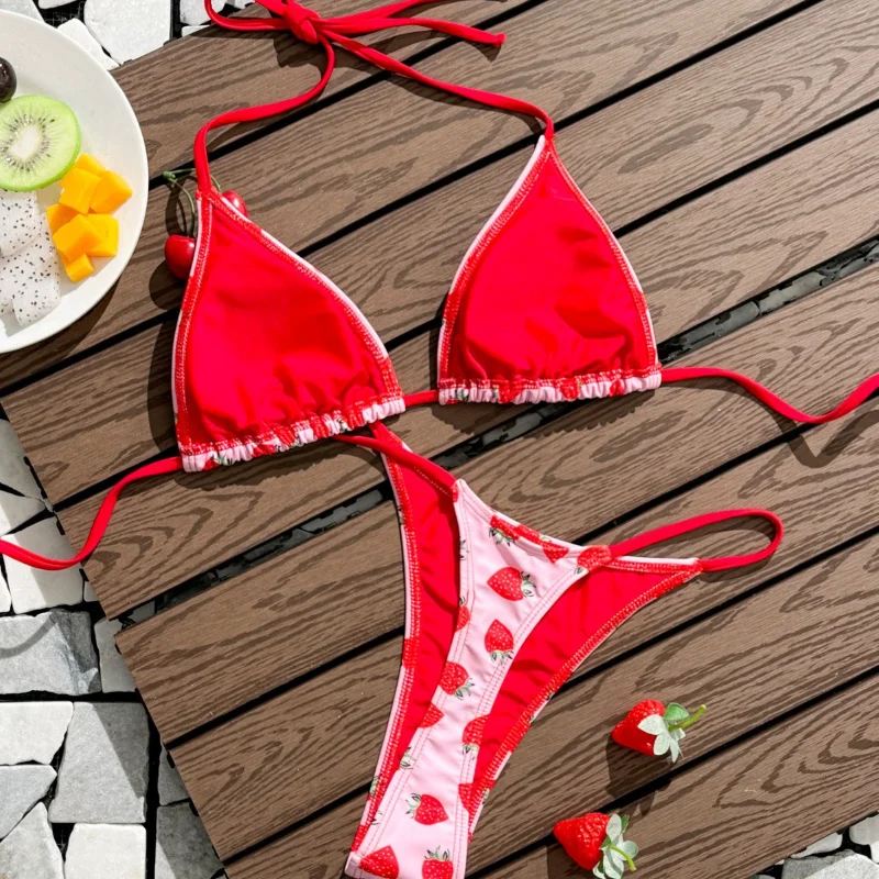 المرأة مثير البيكينيات الفراولة المطبوعة لباس سباحة البرازيلي ملابس السباحة ثونغ منخفضة الخصر ثوب السباحة Tankini مايوه دي باين