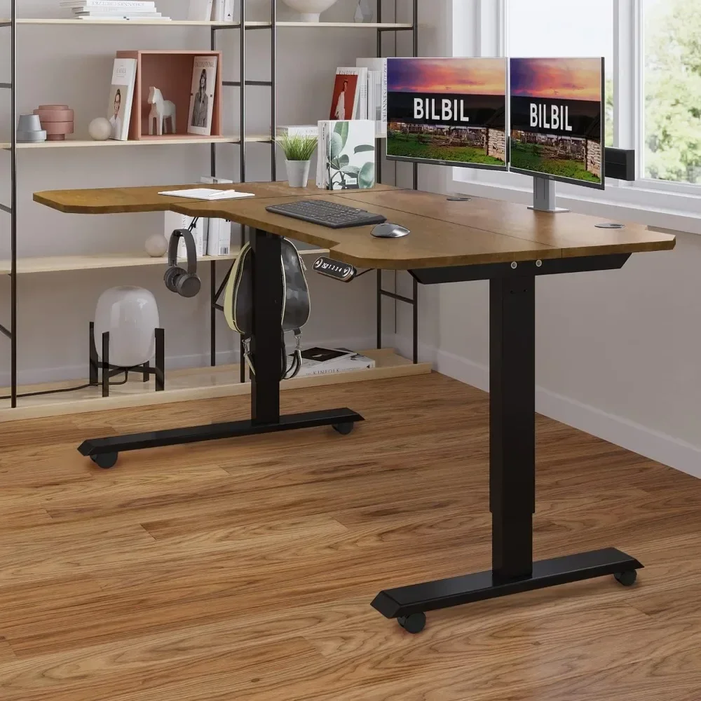 L-Shaped Electric Height Adjustable Standing Desk 59 Inches, Stand Up Rising Table for Home Office with Splice Board