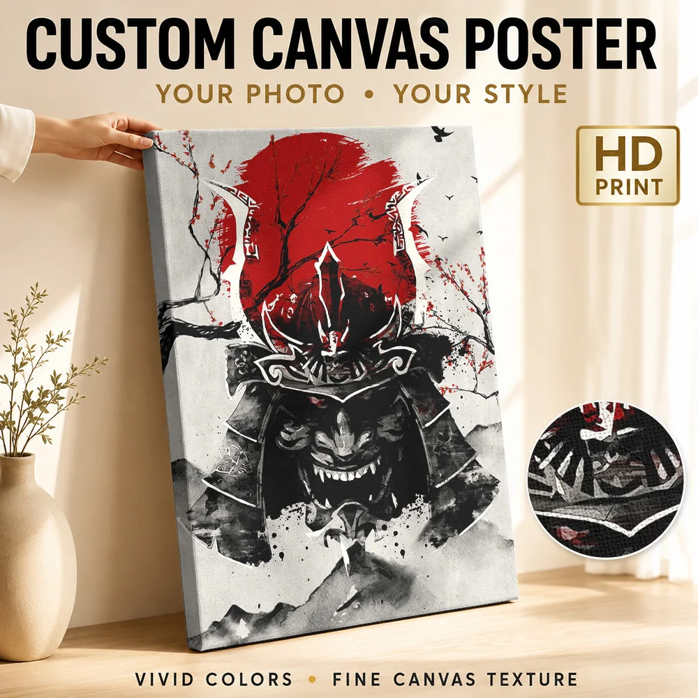 Kabuto Samurai Helmet Gallery Wrapped Canvas Print Customized Photo Red Japanese Ink Detail Wall Art For Living Room Faith Gift