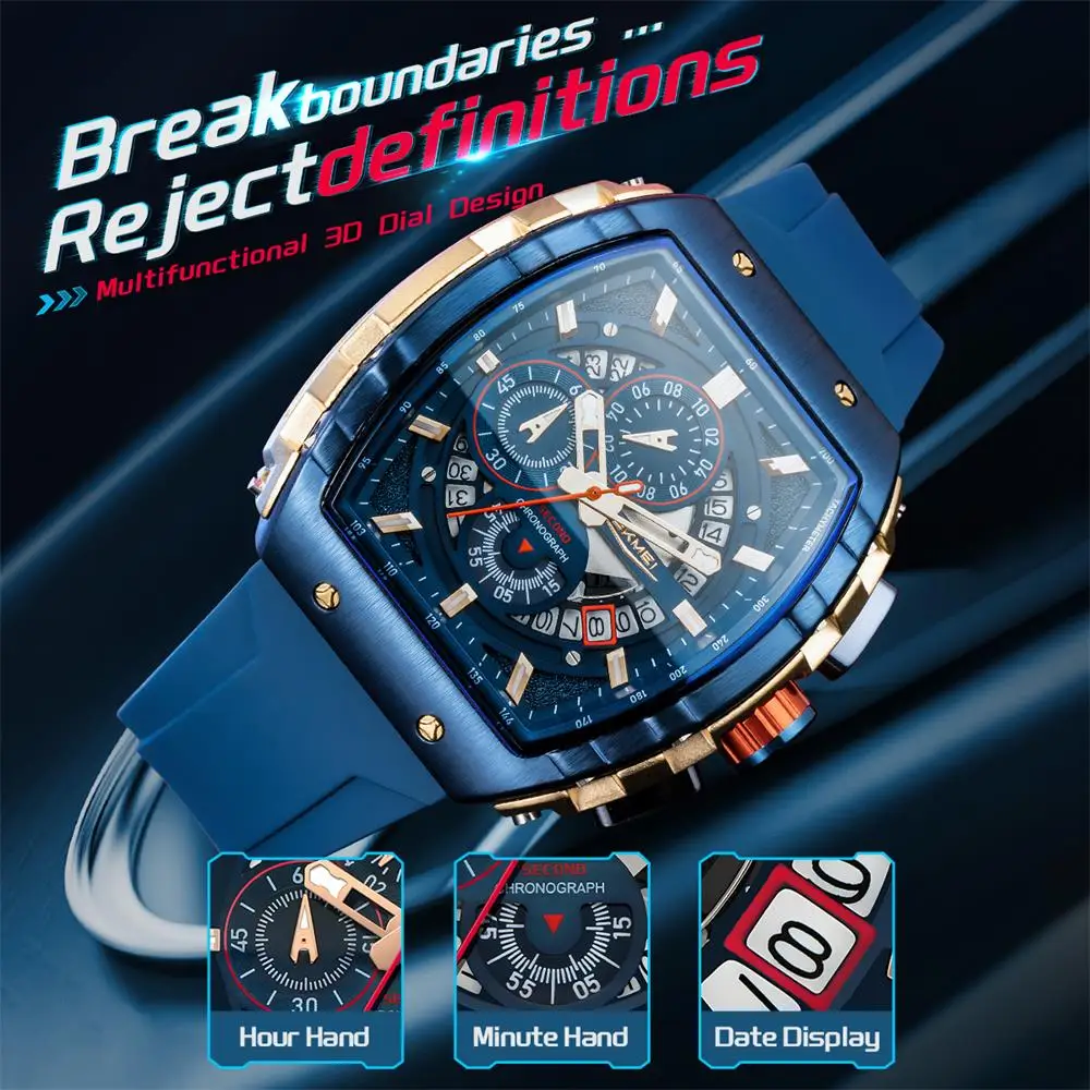 SKMEI ساعات رجالية فاخرة ساحة كوارتز ساعات المعصم مقاوم للماء مضيئة ساعة كرونوغراف للرجال تاريخ ساعة Reloj Homre #5