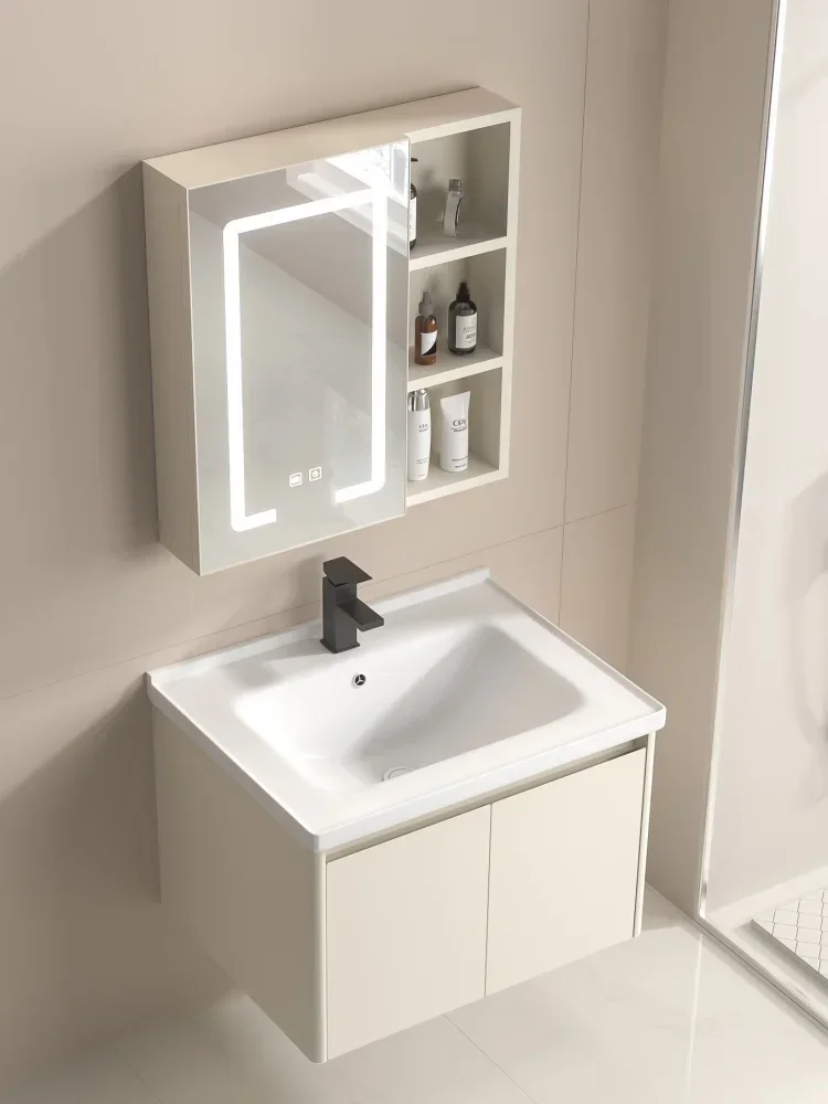 Cream Wind 304 Stainless Steel Bathroom Cabinet Slate Wash Table Ceramic Integrated Hand Washbasin Cabinet CombinationHot Sales