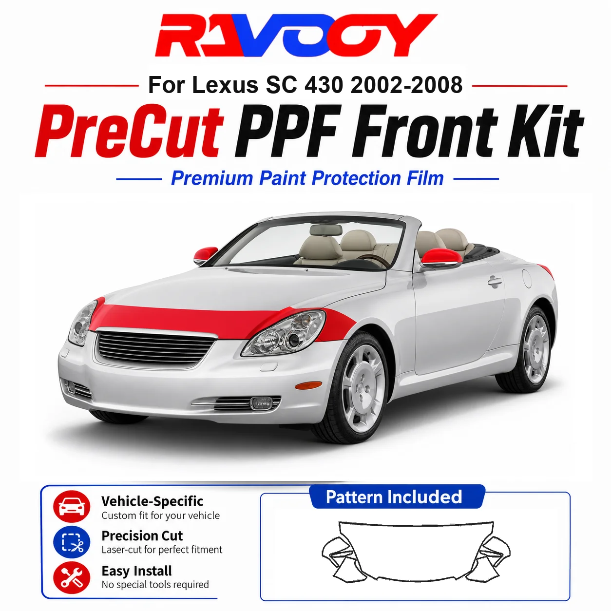 

8.5mil TPU Precut PPF Kit For Lexus SC 430 2002-2008 - Hood, Fenders & Mirror Set - Self-Healing Clear Bra Film