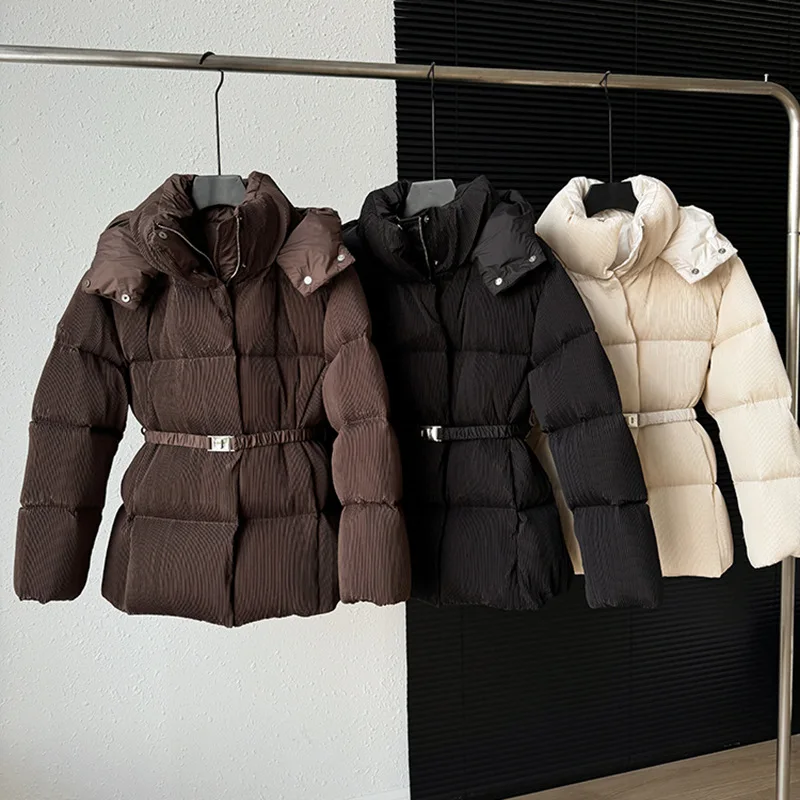 

Women's 2026 White Duck Down Jacket Mid-Length Waist-Cinched Coat High-End Textured Thicken Slim-Fitting Down Coat with Hood