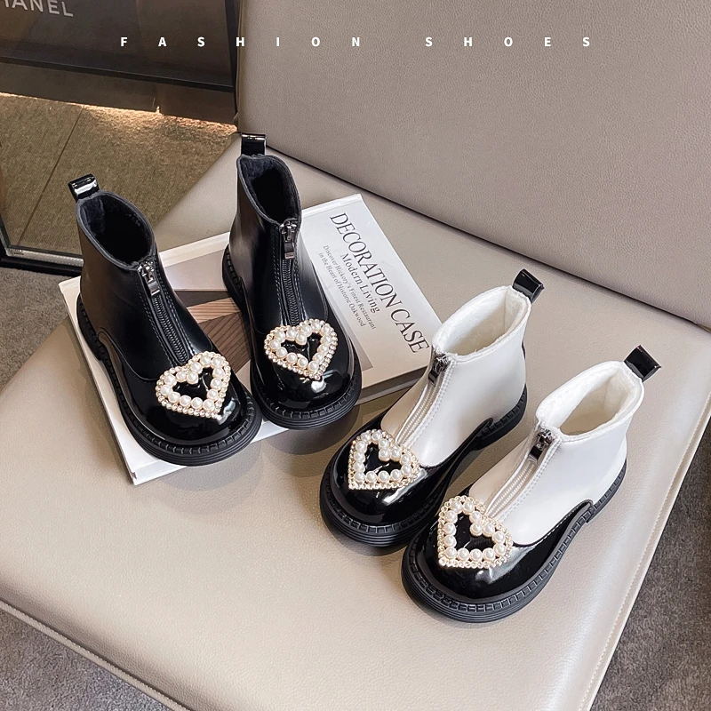 

Children Leather Boots Sweet Pearls Kids Short Boots Front Zipper 2025 Autumn Winter New Girls Princess Boots Suede Warm Elegant