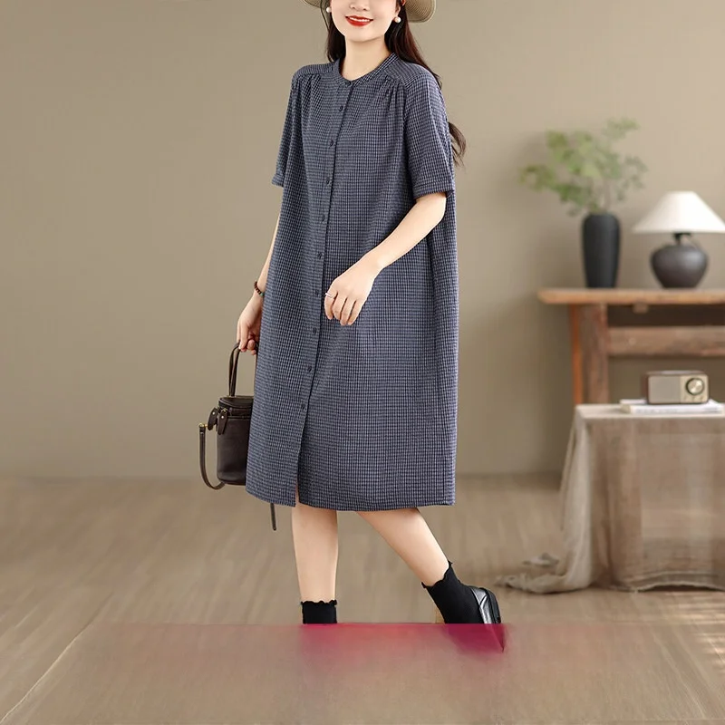 

Loose Fit Pure Cotton Plaid Shirt Women's Mid-Length Summer New plus Size Short Sleeve Layering Blue Long Shirt Casual Style