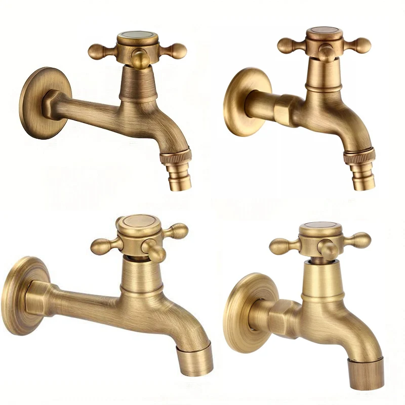 Antique Brass Finish Long Garden Use Bibcock Faucet Tap Crane Wall Mount for Bathroom And Washing Machine Water Supply