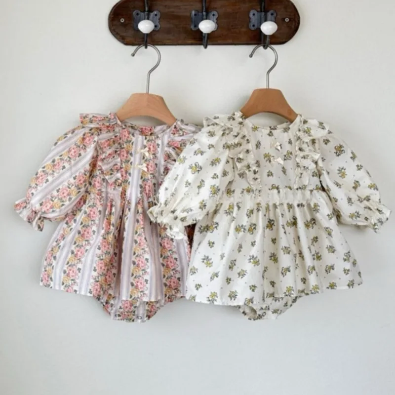 

2025 New Autumn Girls' Dress Fashion Cotton Thin Style Floral Bag Fart Clothes