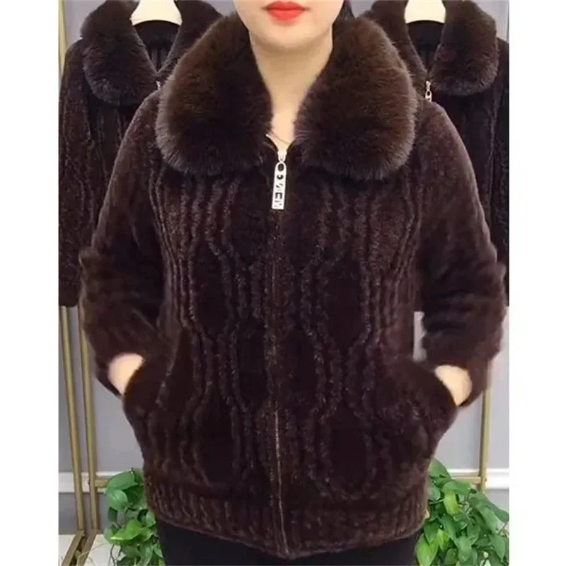 Women Knitted Cardigan Thicken Large Size Imitation Mink Velvet Sweater Coat Middle-Aged Mother Fur Collar Zipper Knit MT7