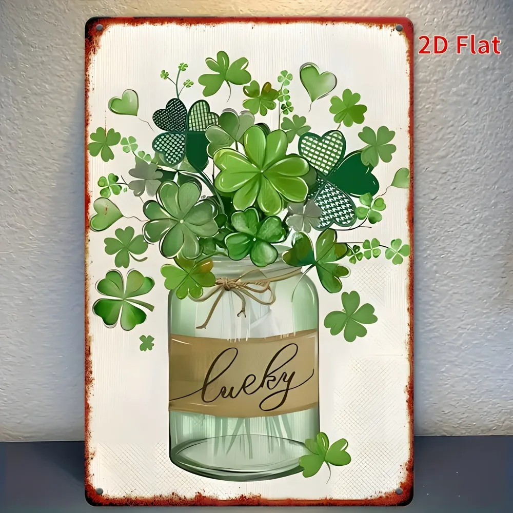 （2D Tin painting）Vintage Clover & Mason Jar Metal Sign, 8x12 Inch Rustic Shamrock Wall Decor for St. Patrick's Day Indoor Out