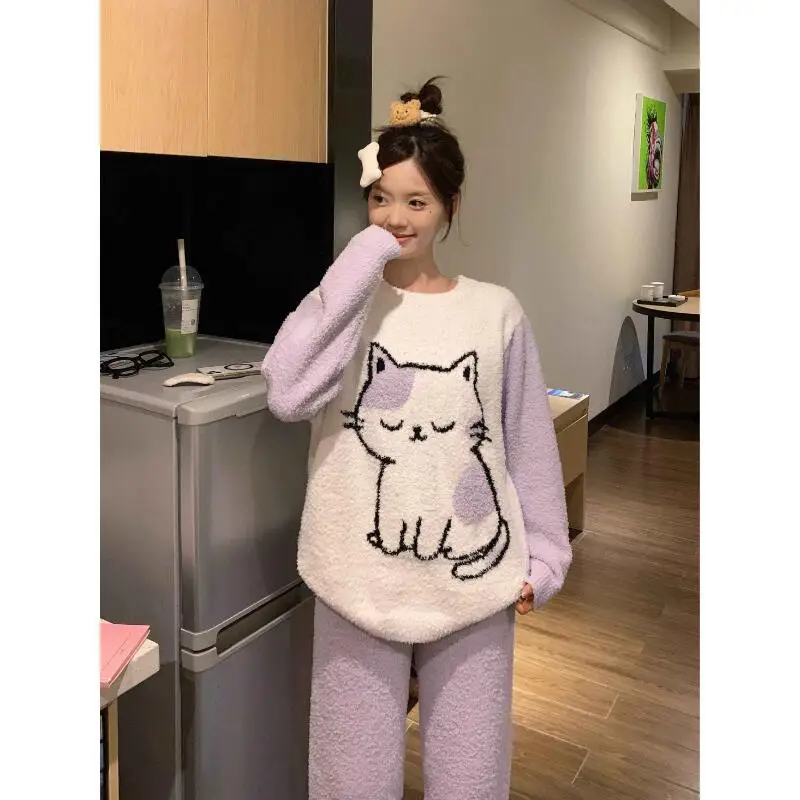 

Women's Clothing Pajama Set Long Sleeves Korean Version Cute Thicken Winter Homewear Two-Piece Set Fashion Keep Warm