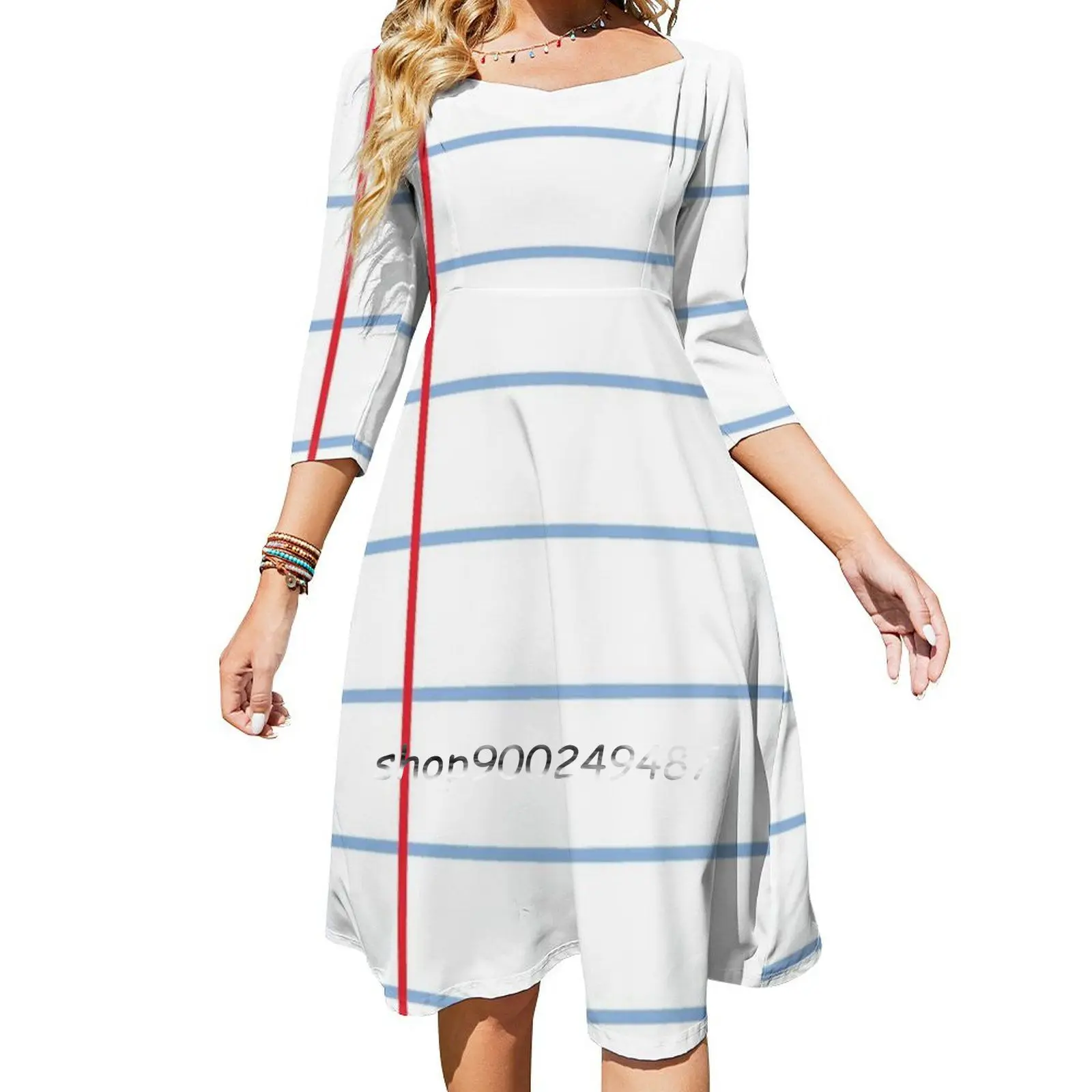 Notebook Paper Graphic-Wide Lines Flare Dress Square Neck Dress Elegant Female Fashion Printed Dress Back To School Classroom