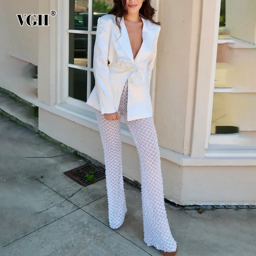 

VGH Elegant Two Piece Set For Women Notched Collar Long Sleeve Hollow Out Blazer High Flare Pant Patchwork Pearls Sets Female