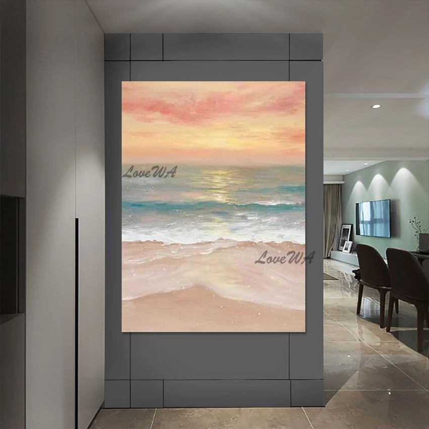 Beautiful Sunrise By the Sea Modern Handmade Abstract Painting, Custom Artwork, Home Decor, Canvas Wall Art, Picture for Hotel