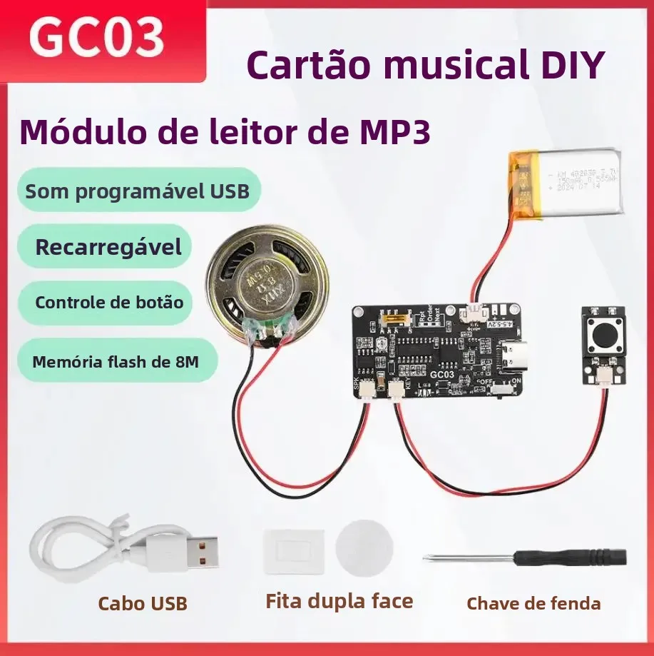 Cartão de Gravação GC03, Placa de Gravação de Voz, Caixa de Presente Criativa, Cartão de Natal e Aniversário, Módulo de Voz MP3 TYPE-C com Alto-falante