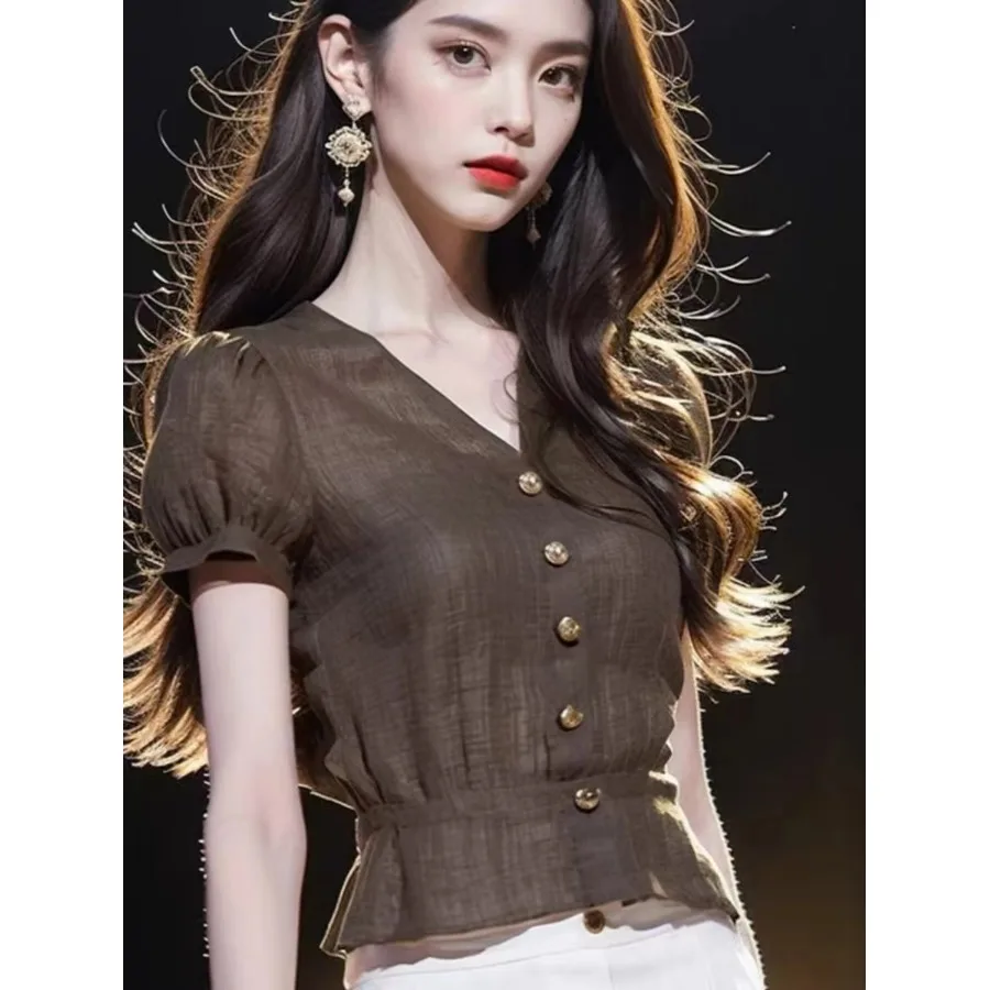 

Sli Ele ort Sve V-Ne Bubble Sve irt Женский модный облегающий летний топ с высокой талией кофейного цвета