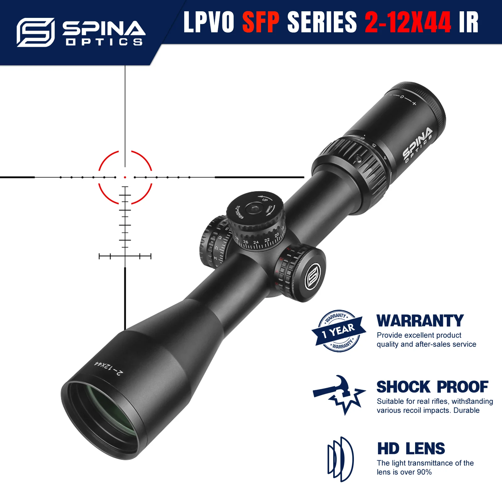 

SPINA OPTICS HD 2-12X44 IR Mid Dot Glass Etched Reticle Riflescope Turret Lock Reset PCP AR15 Rifle Scope .308.556 etc