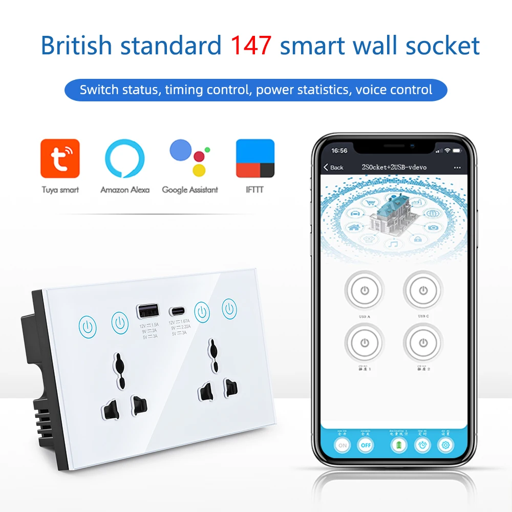 

Tuya Wifi Smart USB Type-C PD 20A Wall Socket Universal Electrical Plug Outlet Power Switch Wireless,Alexa Google Home