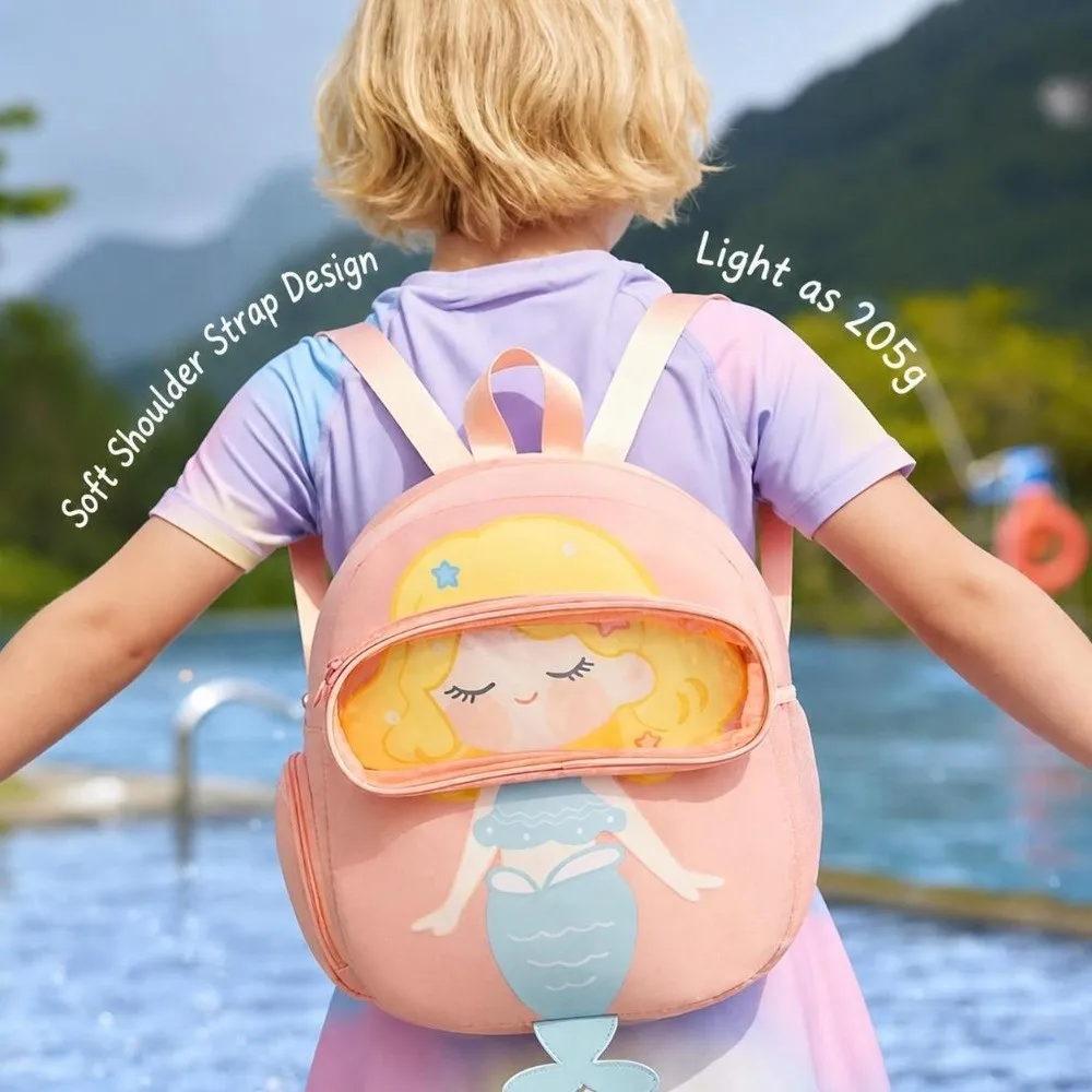Cartoon Print Kids Swimming Backpack Large Capacity Transparent Window Sports Backpack Dry Wet Separation Carry Loop