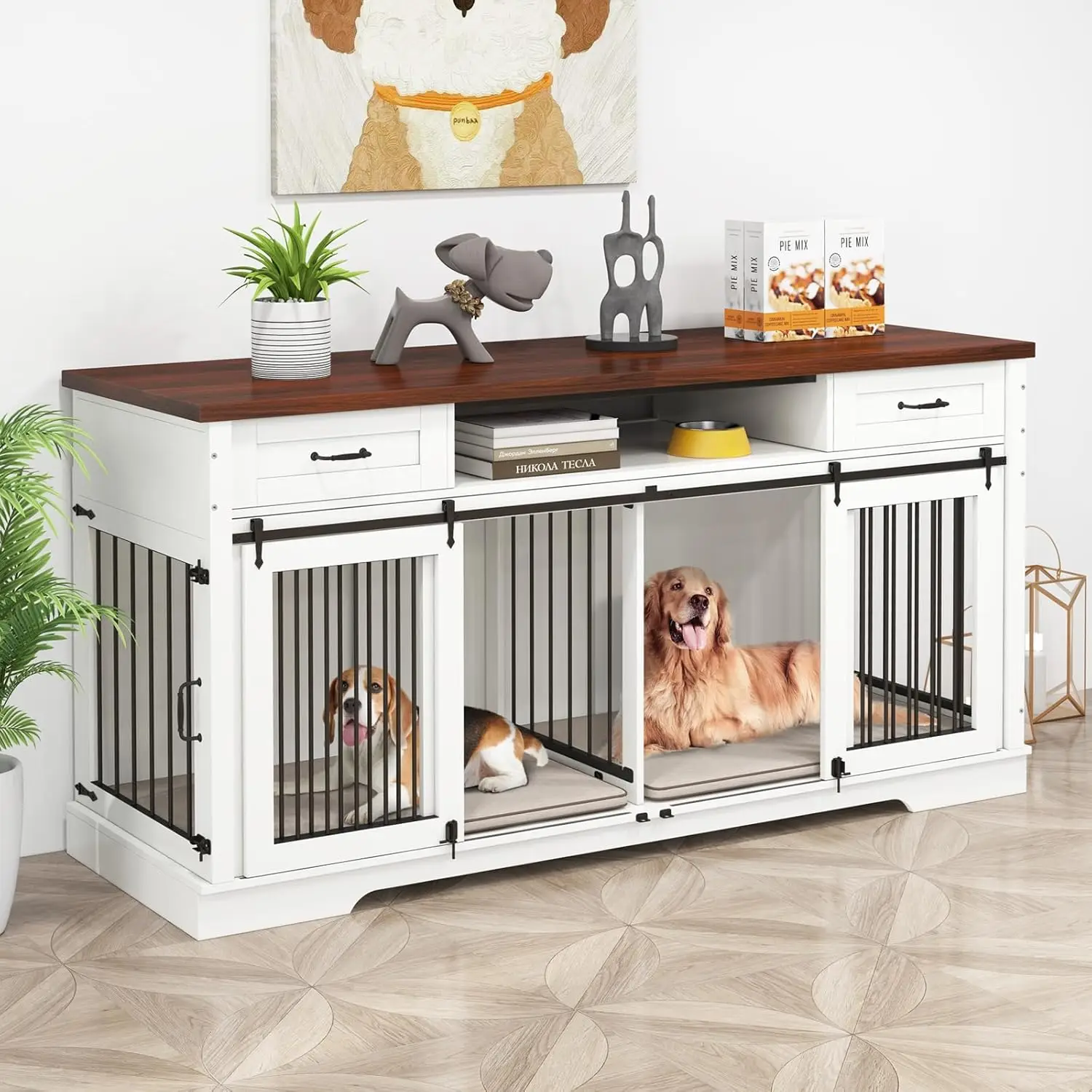 Meuble de caisse en bois pour 2 chiens, chenil d'intérieur extra large de 71 pouces avec perfecSync der, caisse de ferme robuste