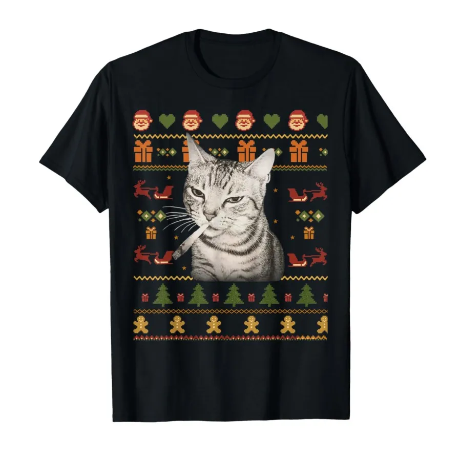 

Funny Smoking Cat Meme Christmas Ugly T-shirt For Men Women 100% Cotton T Shirts Short Sleeve Tops 1114-1