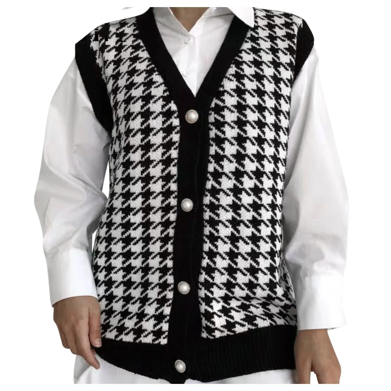 

Autumn And Winter Sleeveless Plaid Vest Loose Knit Sweater Coat Top Woman