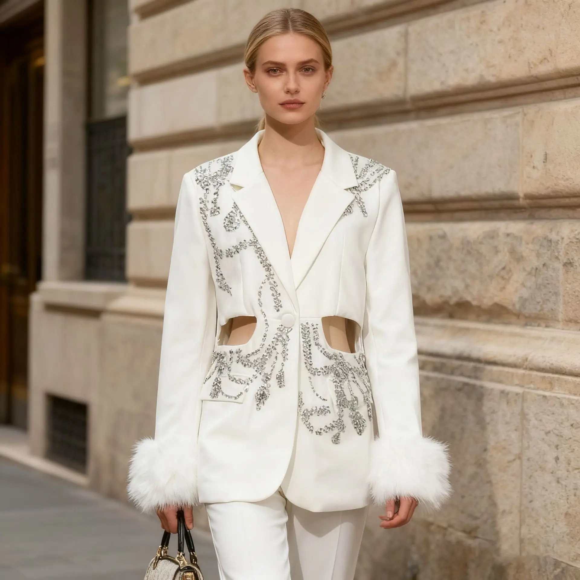 

Women's OL Style Autumn Blazer Coat Diamond Embellished Cropped Tailored Fit Hollow Waist Design Fashionable Outerwear