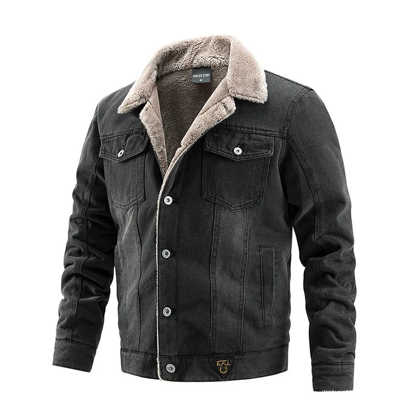 

Winter men's high-quality lapel with plush insulation jacket, European and American fashion casual slim fit denim jacket